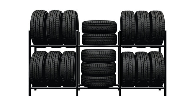 A neatly stacked arrangement of multiple black tires on a metal rack presented as a striking silhouette