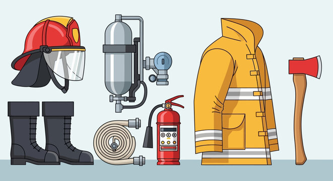 Collection of firefighter equipment and gear for safety and emergency response