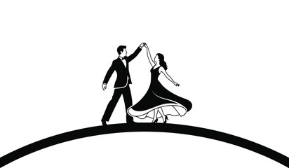 A silhouette of a man and a woman in formal attire gracefully dancing on a curved horizon line