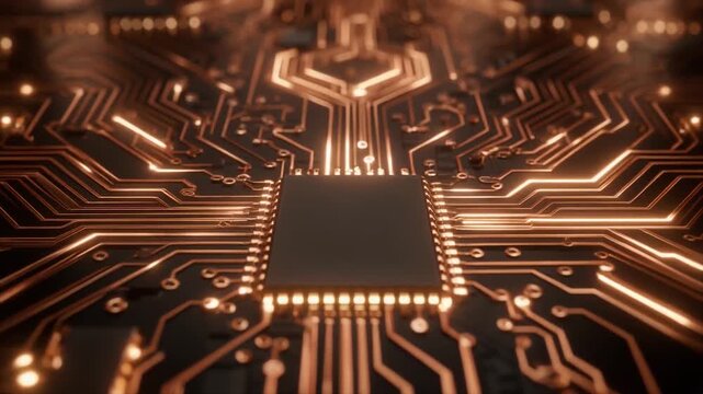 Seamless looping shimmering copper circuit grid cinematic glowing light paths luminous ambient refined visuals motion gradient