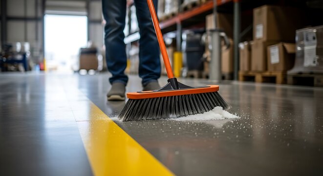 A person sweeping salt or snow off a warehouse floor with a broom