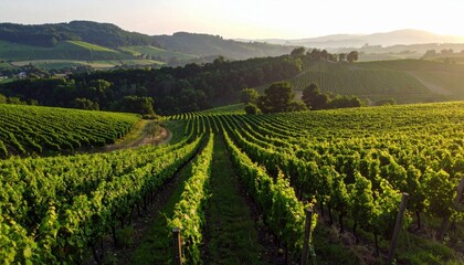 Naklejka premium Panoramic view of a vast vineyard with orderly rows of lush green grapevines stretching towards rolling hills under soft sunlight.