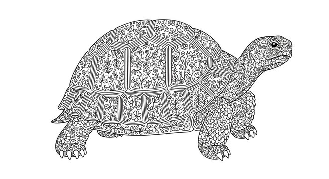 Detailed illustration of a turtle with floral patterns on its shell on transparent background