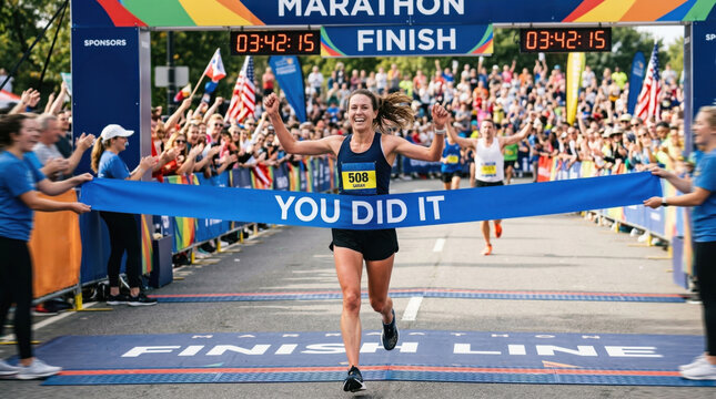 Female runner crossing finish line celebrating race achievement