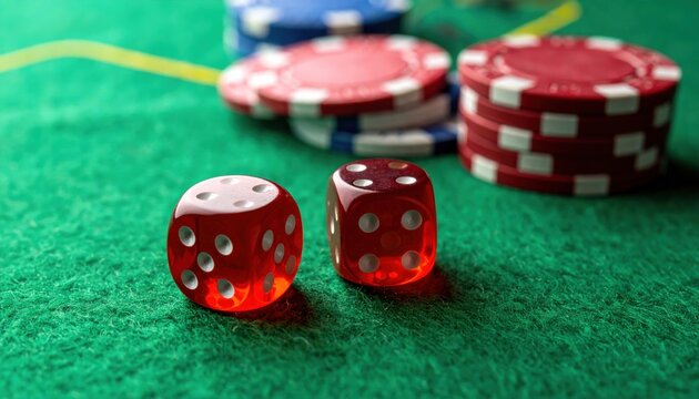 Red Casino Dice and Chips Resting on Green Felt Table for Gambling Games