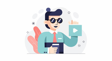 Man in suit with sunglasses holds a tablet, presenting a play button