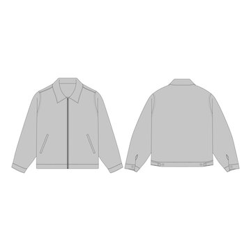 Blank light grey zip-up Harrington jacket mockup, front and back view. Technical flat sketch of casual outerwear, clothing template with collar and pockets for apparel tech pack vector illustration.