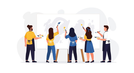 Diverse group of people painting together on a large canvas, teamwork and creativity concept
