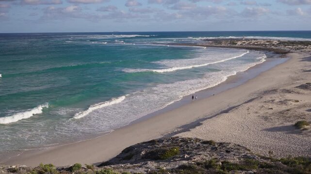 4k 60p footage of dramatic coastal view to Struis Point (Struispunt) and Saxon Reef from rugged sea cliffs near Waenhuiskrans Cave, Arniston. Turquoise Overberg waters, Western Cape, South Africa.