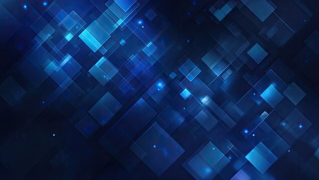 Abstract Blue Geometric Digital Art Background with Glowing Squares.
