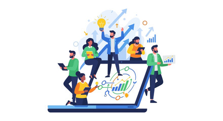 Fototapeta premium Business Team Collaboration and Digital Growth Strategy. People analyzing data on a laptop, achieving success and innovation.
