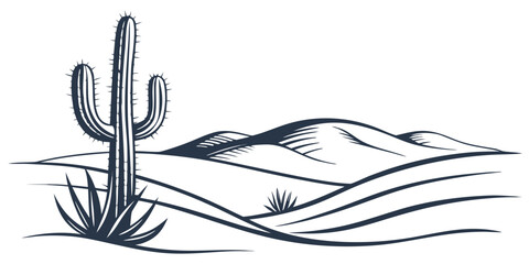 A tall cactus stands prominently in a desert landscape with rolling sand dunes. © Mamun