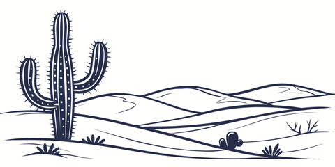 A solitary cactus stands tall in a vast desert landscape with rolling sand dunes. © Mamun