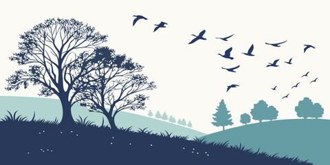 Fototapeta premium A flock of birds flying over a landscape with trees and a distant castle