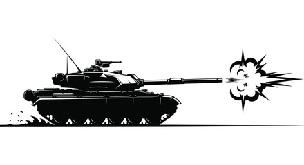 Black and white illustration of a tank firing with an explosion and ground disturbance © Apon