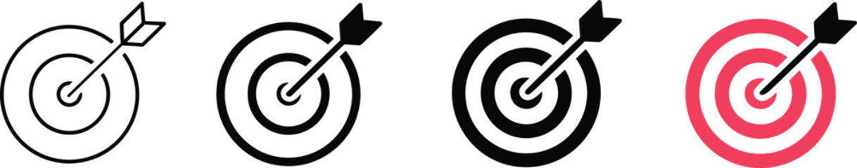 Target icon set with arrow bullseye goal achievement business objective marketing strategy success symbol flat vector illustration collection