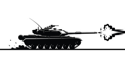 Black and white illustration of a tank firing its main gun with an explosion © Apon