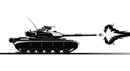 Black and white illustration of a tank firing its main cannon with smoke © Apon