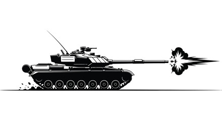 Black and white illustration of a tank firing a shell with an explosion © Apon