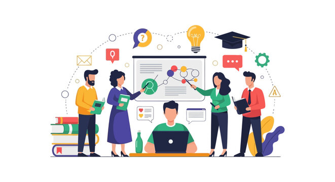 Collaborative Learning and Business Training Vector. Teamwork Presentation, Knowledge Sharing, Mentorship, and Online Education Concept.