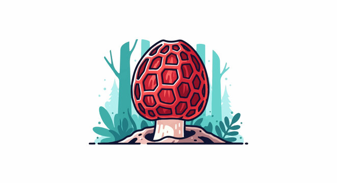 A detailed illustration of a red morel mushroom, with a textured cap, emerging from rich soil amidst lush green foliage and stylized trees