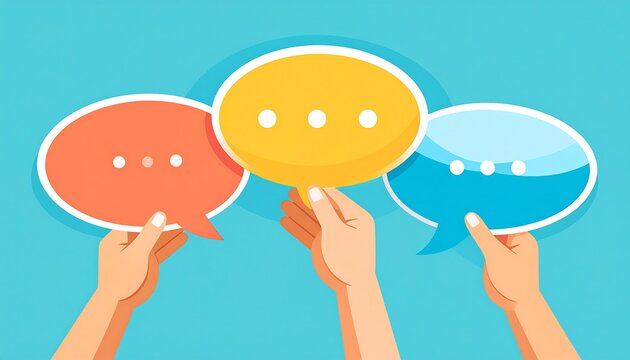 Cartoon illustration featuring three differently colored speech bubbles with three dots each, held up by hands against a blue backdrop