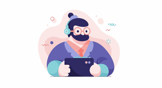 Modern, stylized illustration of a person with headphones, glasses, and a tablet