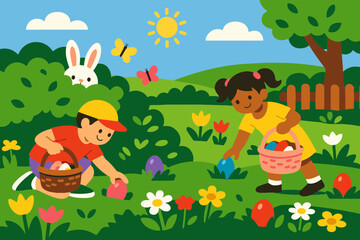 Obraz premium Easter Sunday Egg Hunt in Garden with Hidden Eggs and Excited Children