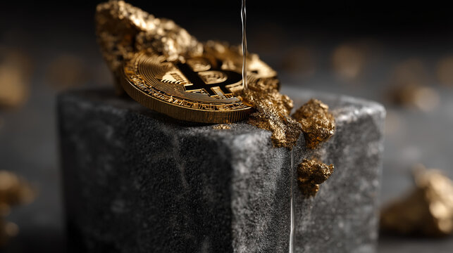 Golden bitcoin symbol melting slowly on a dark stone pedestal, defocused background, cryptocurrency decline concept, with copy space