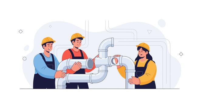 Plumbers working together installing pipes, teamwork in construction industry