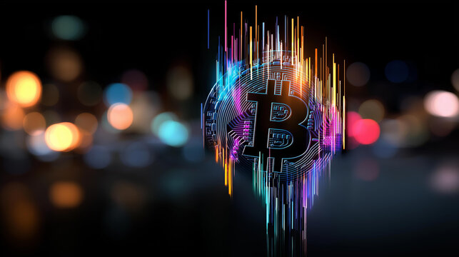 Bitcoin symbol melting with colorful dripping light streams on a dark background, defocused backdrop, cryptocurrency concept, digital asset visualization, with copy space