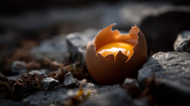 Cracked egg emerging dramatically from a rough stone surface, defocused background, symbolic rebirth concept, with copy space