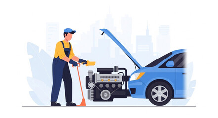 Mechanic with car and tools.