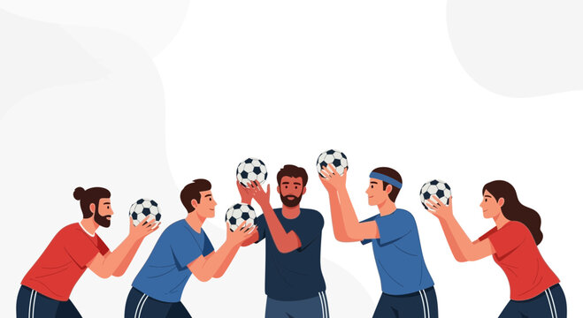 Diverse group of people playing handball, ready to throw balls, teamwork concept