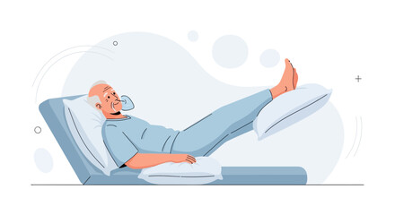 Obraz premium Elderly Man Resting in Hospital Bed with Oxygen Mask and Elevated Legs