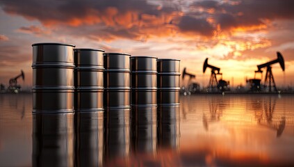 Obraz premium Oil barrels and pumpjacks at sunset, symbolizing energy industry and fossil fuels.