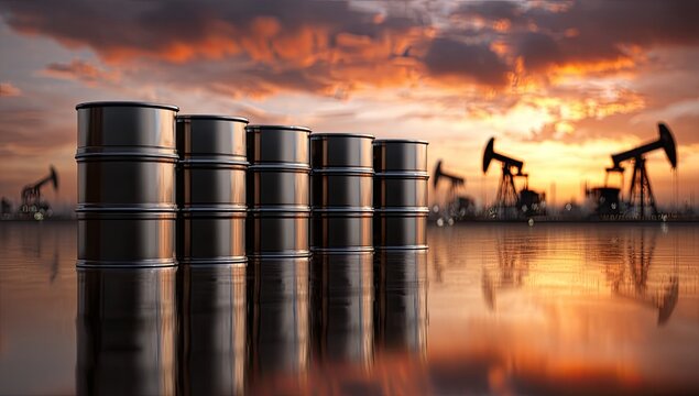 Oil barrels and pumpjacks at sunset, symbolizing energy industry and fossil fuels.