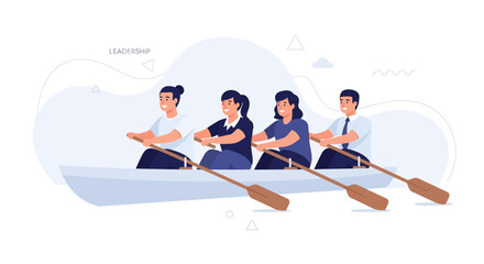 Team rowing together in sync, symbolizing leadership and teamwork
