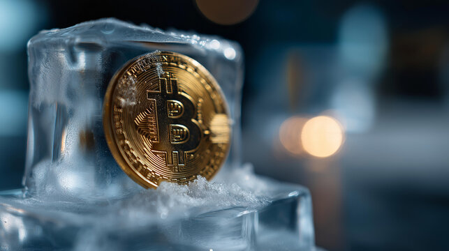 Golden bitcoin coin frozen solid inside a clear ice block, defocused background, cryptocurrency freeze concept, crypto asset visualization, with copy space