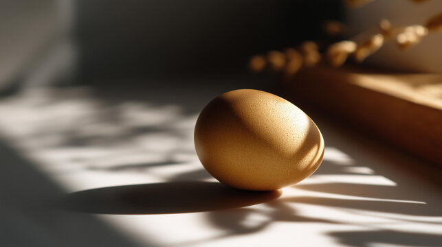 Single minimal egg casting a long soft shadow on a clean light surface, defocused background, minimalist Easter concept, with copy space