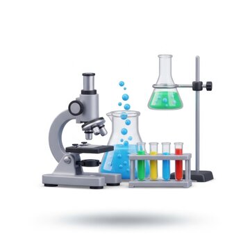 Laboratory equipment with microscope and colorful test tubes