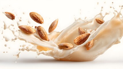 Fototapeta premium Almonds Splashing into Creamy Milk in Dynamic Splash Motion.