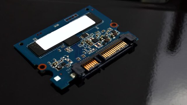 Close-up of an SSD circuit board, showcasing the complexity and precision of modern storage technology.