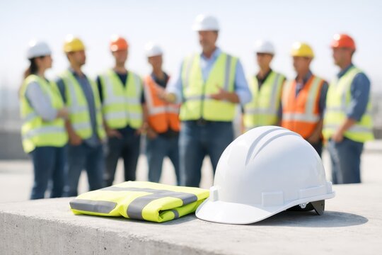 Construction safety briefing with helmet and reflective vest displayed during team meeting on site