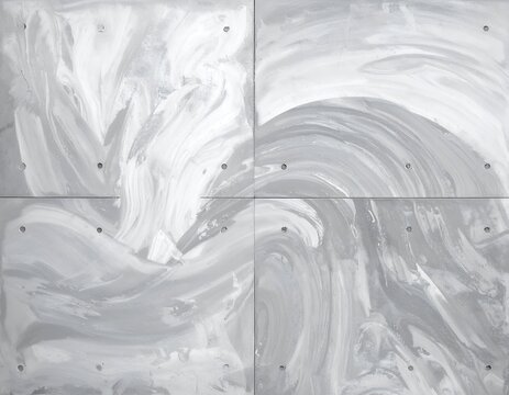 Swirling gray and white paint patterns divided into four squares, speckled with small, dark circular spots