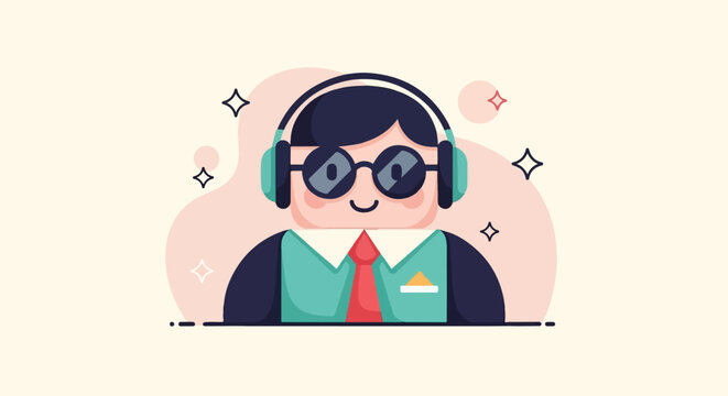 Stylized cartoon person wearing headphones, sunglasses, and business attire