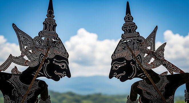 Detailed silhouette of Wayang leather puppets on a theater stage