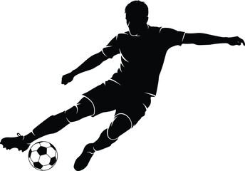 Naklejka premium Soccer player sliding to kick football ball silhouette isolated on white background, dynamic sport action athlete vector illustration for football competition design