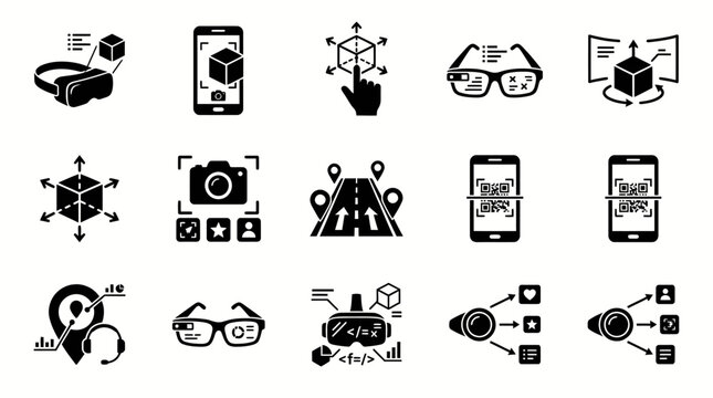 Augmented and virtual reality technology glyph icons set