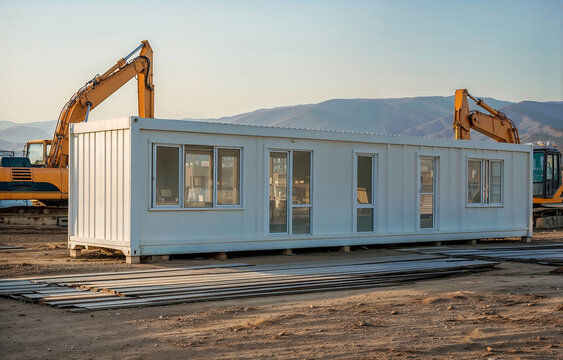 Portable office container stands at active construction site with excavators and mountains representing flexible industrial infrastructure solutions